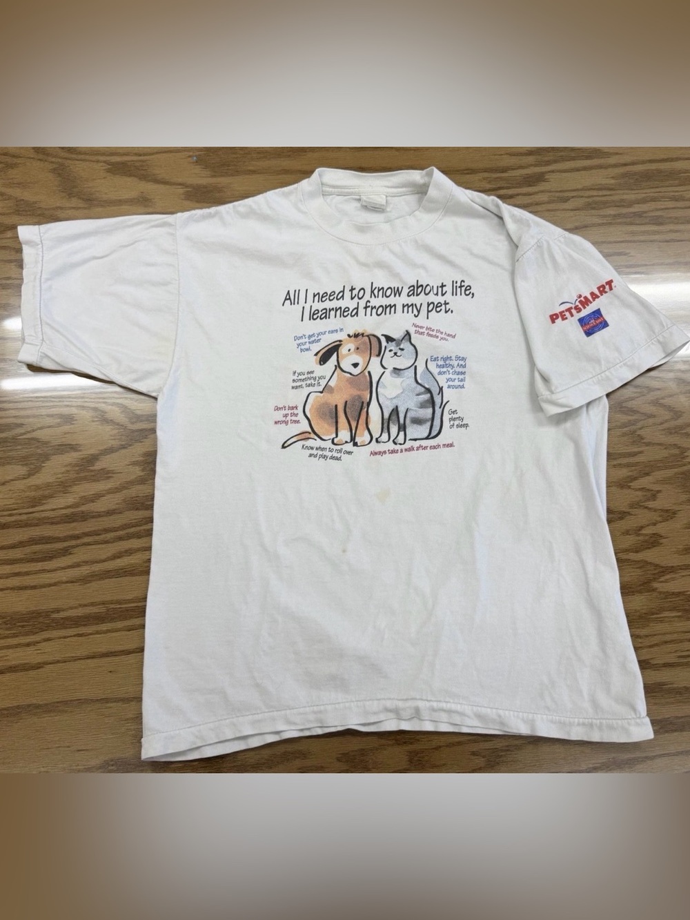 Vintage 90s Petsmart Learned From My Pet Dog Cat Single Stitch Thrashed L 21x25